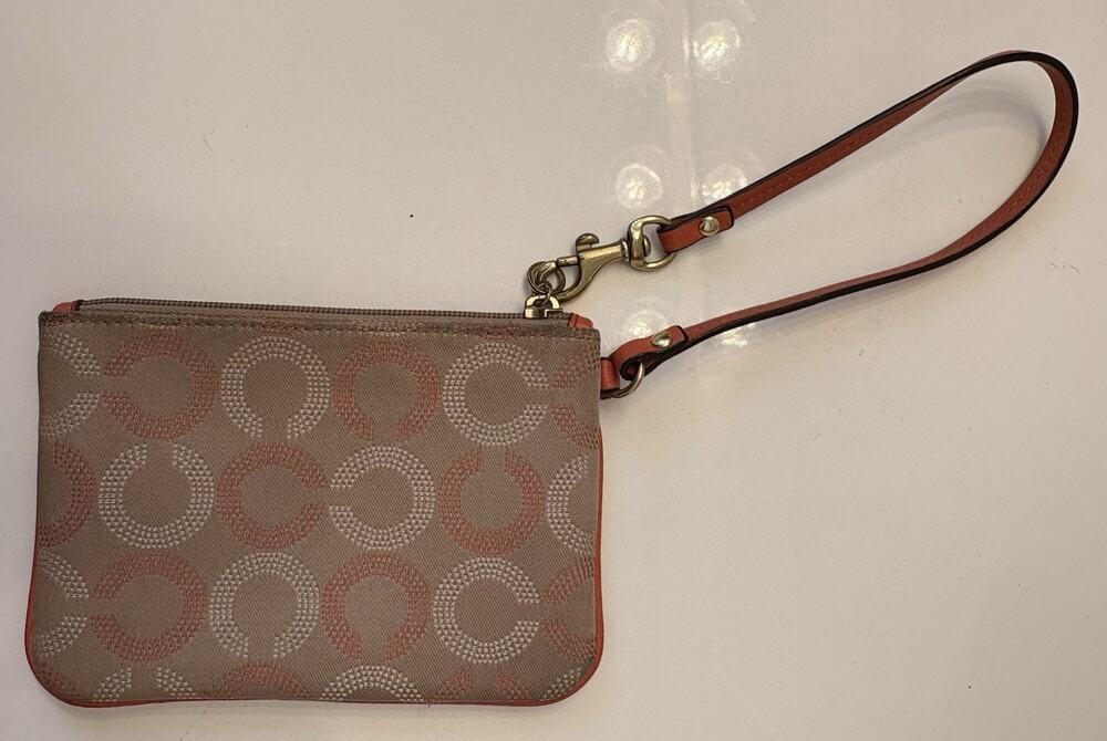 Coach Ashley Dot Op Art Small Wristlet Khaki And Tea Rose Circle Pattern